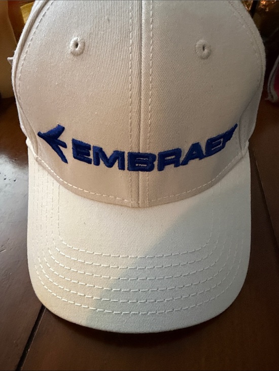 Embraer Logo Embroidered Baseball Cap in White with Blue Accent